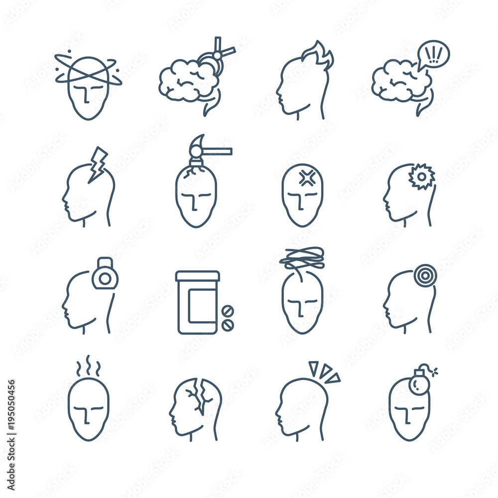 Sticker headache, migraine pain treatment medical line vector icons