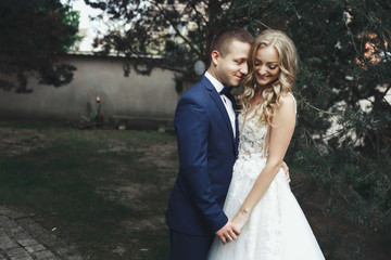 Meeting of bride and groom in a summer park