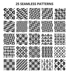 Abstract geometric seamless black and white vector patterns. 25 repeating retro textures