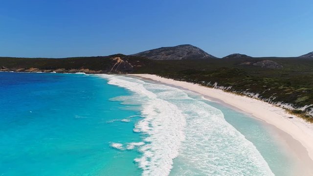 Aerial view of coastline of Hellfire Bay, crystal clear waters of Southern Ocean - Cape Le Grand, Esperance, Western Australia from above, 4k UHD