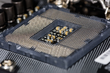 Close up on cpu socket of a modern computer mainboard