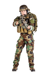 Portrait soldier or private military contractor holding sniper rifle.
