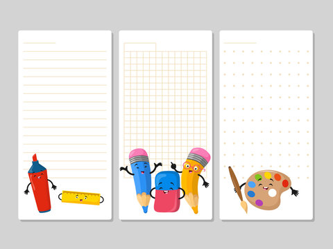 Notepad pages with cute cartoon pencils eraser marker