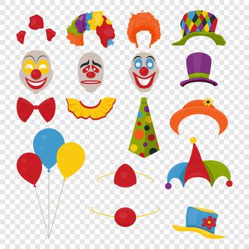 Vector Party Birthday or 1th april - Fool s Day - photo booth props. Hats, wigs, neckties, clown noses, masks, balloons and cylinder icon set isolated on transparency grid background. Clipart, design