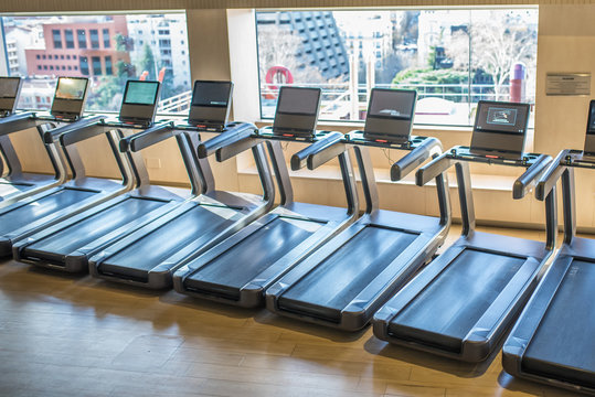 treadmills in a gym with beautiful light from the window gym machines