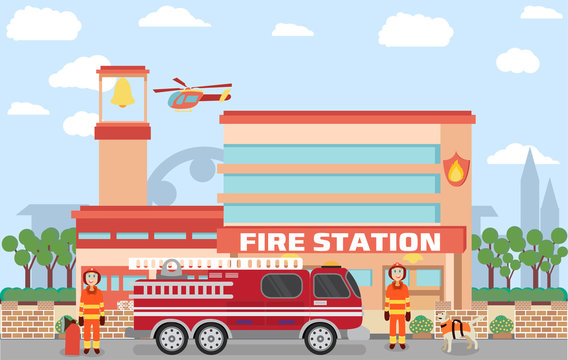 Fire station building in vector with urban background contains emergency vehicle and firefighters with dogs