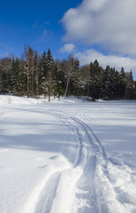 Ski track in snow.Frosty winter landscape.Sunny morning.Beautiful clouds in blue sky.Moscow region,Russia.