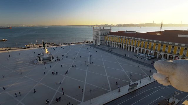Commercial square in sunset lights. Lisbon, Portugal. Panoramic shot. View from the observation deck on Triumphal arch of the Augusta street.
