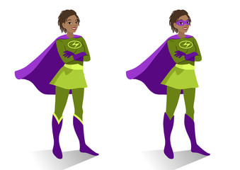  African American superhero woman in  costume and mask standing with crossed arms. Vector cartoon character illustration in flat contemporary style isolated on white background. Women activism concept