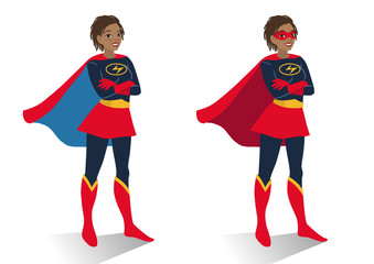  African American superhero woman in  costume and mask standing with crossed arms. Vector cartoon character illustration in flat contemporary style isolated on white background. Women activism concept © Elena