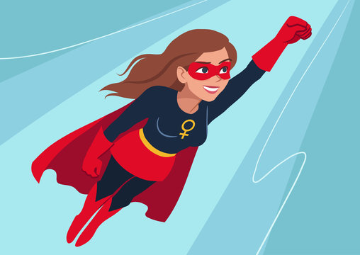 Superhero woman in flight. Attractive young Caucasian woman wearing superhero costume with cape, flying through air in superhero pose, on sky background. Flat contemporary style.