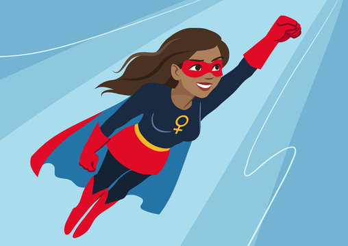 Superhero woman in flight. Attractive young African American woman wearing superhero costume with cape, flying through air in superhero pose, on sky background. Flat contemporary style vector element