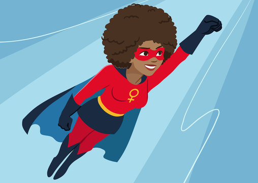 Superhero woman in flight. Attractive young African American woman wearing superhero costume with cape, flying through air in superhero pose, on sky background. Flat contemporary style vector element