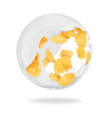 Oat flakes are drowned in milk splashes, isolated on white background