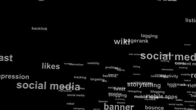 animated cloud of words (internet words) with depth of field effect - white characters black background