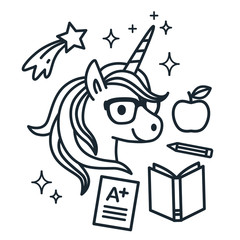 Cute unicorn wearing eyeglasses with school themed icons around. Single color outline vector illustration. Simple line doodles, coloring book page, education, reading, learning theme.