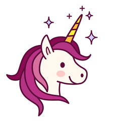 Cute unicorn with pink mane vector illustration. Simple flat line doodle icon contemporary style design element isolated on white. Magical creatures, fantasy, dreams theme. © Elena