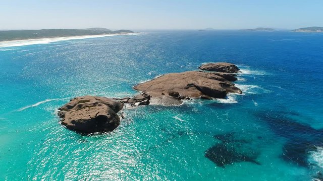 Aerial view of rocky coastline of Twilight Cove, crystal clear waters of Southern Ocean - Esperance, Western Australia from above, 4k UHD