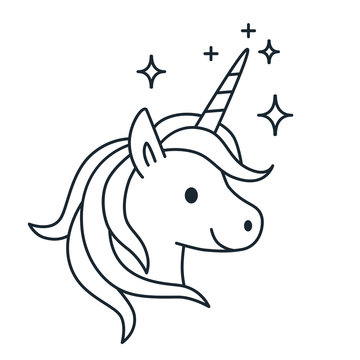 Simple cute magic unicorn vector line cartoon illustration isolated on white background. Fantasy mythical creature Icon, coloring book contemporary flat line design element.
