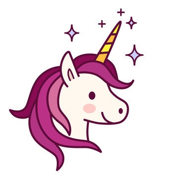 Cute unicorn with pink mane vector illustration. Simple flat line doodle icon contemporary style design element isolated on white. Magical creatures, fantasy, dreams theme.
