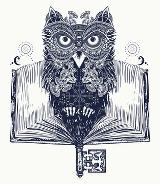 Owl and open book tattoo and t-shirt design. Symbol of education, literature, poetry, wisdom, reading. Open book, vintage key and magic owl art tattoo