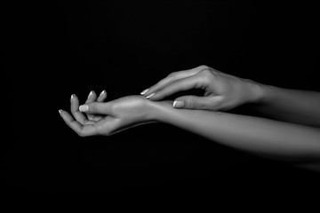 two hand touching black and white