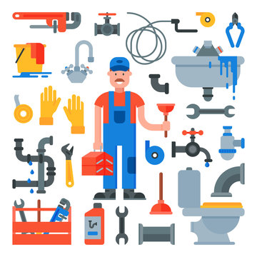 Plumbing vector plumber character repairing pipes with tools and pipeline equipment illustration set of repairman plumbs sink or faucet isolated on white background