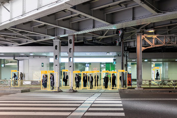 Machine Learning analytics identify person technology , Artificial intelligence concept. Software ui analytics and recognition people in city crossing street.