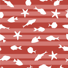 Marine seamless pattern with fish and starfish on a red background. Vector.