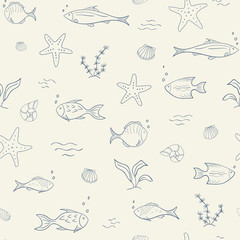 Obraz premium Marine seamless pattern with fish, seaweed and starfish. Vector.