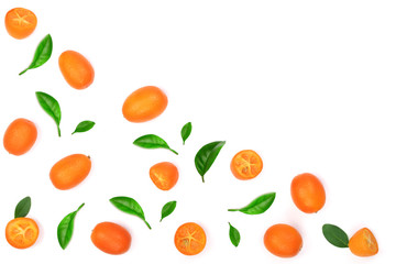 Cumquat or kumquat with leaf on blue wooden background with copy space for your text. Top view. Flat lay pattern