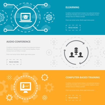ELearning 3 Horizontal Webpage Banners Template With ELearning, Audio Conference, Computer-Based Training Concept. Flat Modern Isolated Icons Illustration.