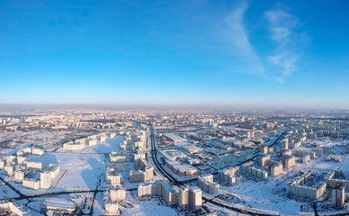Flying over Minsk, Belarus. Winter city
