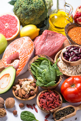 Healthy food - Meat, fish, legumes,  nuts, seeds and vegetables.