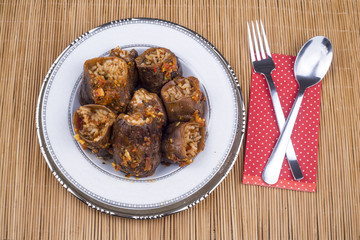Traditional delicious Turkish foods; Dried eggplant stuffed (Kuru biber dolmasi)