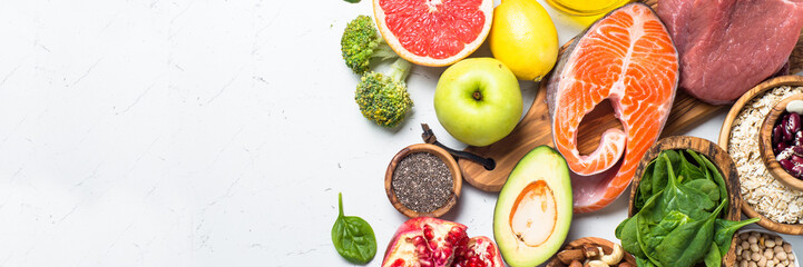Superfoods on white background. Healthy nutrition.