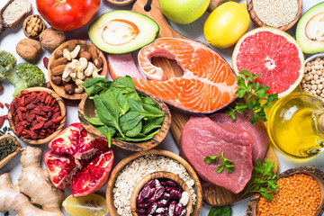 Superfoods on white background. Healthy nutrition.