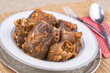 Traditional delicious Turkish foods; Dried eggplant stuffed (Kuru biber dolmasi)