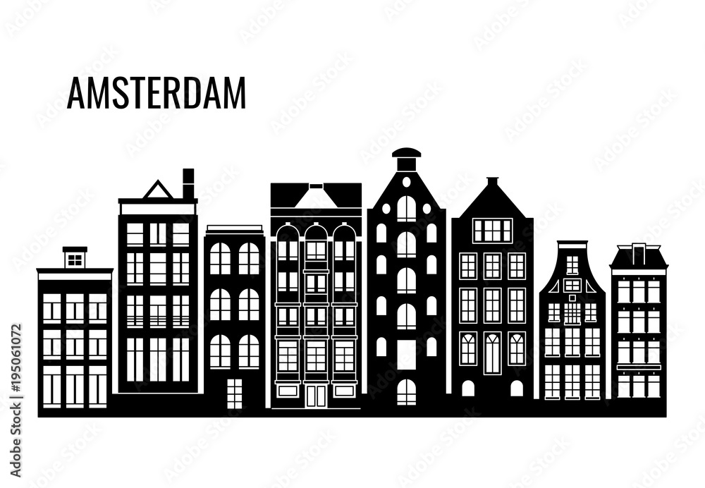 Poster row of old typical amsterdam houses vector silhouettes