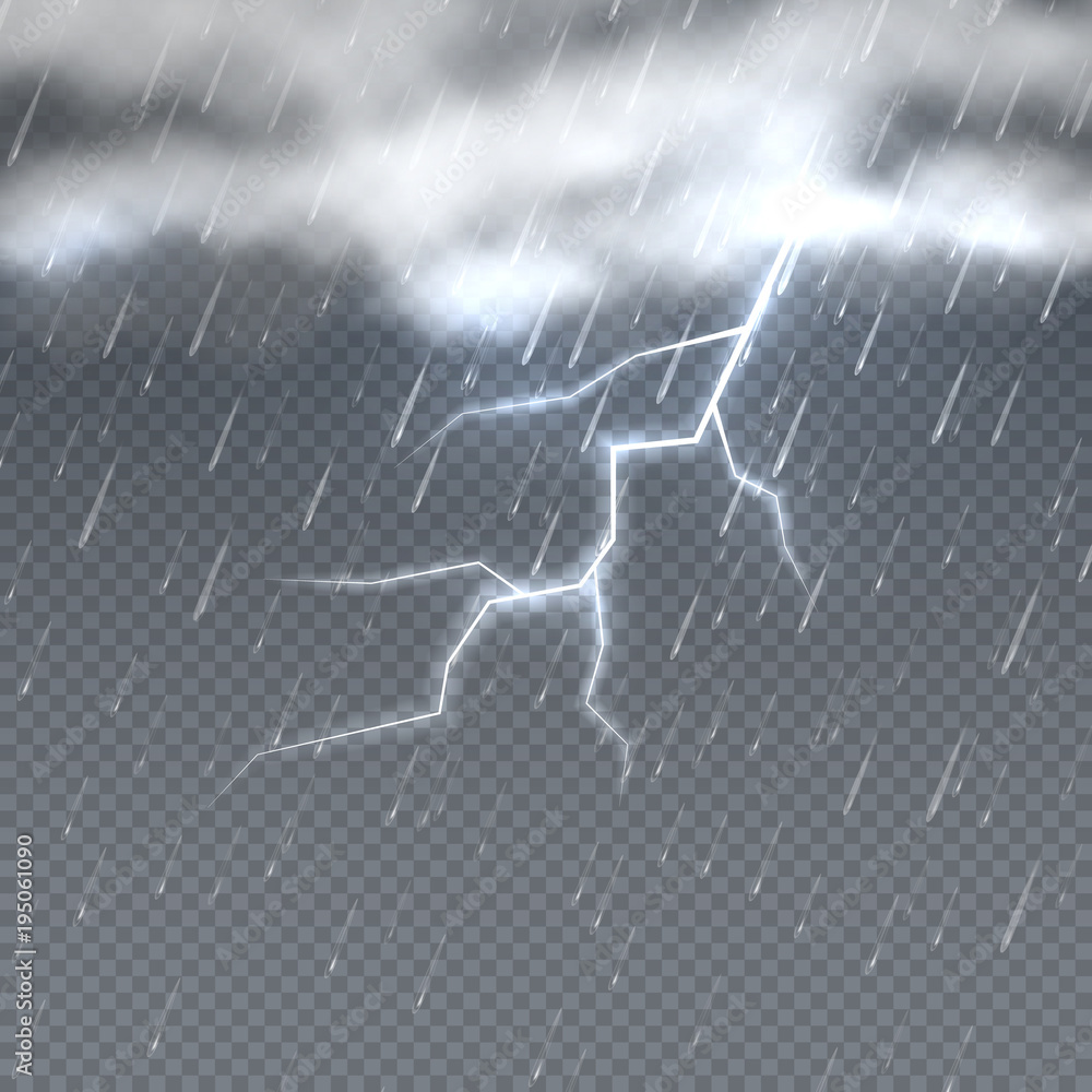 Poster storm and lightning with rain and clouds in sky isolated. climate vector background