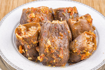 Traditional delicious Turkish foods; Dried eggplant stuffed (Kuru biber dolmasi)