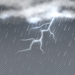Storm and lightning with rain and clouds in sky isolated. Climate vector background