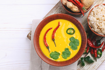 Vegetarian curry Gujarati Kadhi with chickpea and yogurt