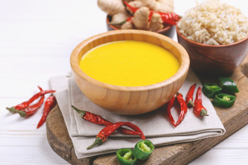 Vegetarian curry Gujarati Kadhi with chickpea and yogurt