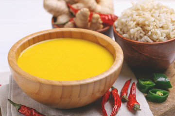 Vegetarian curry Gujarati Kadhi with chickpea and yogurt
