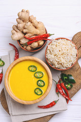 Vegetarian curry Gujarati Kadhi with chickpea and yogurt