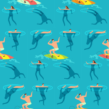 People swimming and diving ocean. Summer time on beach exotic vintage seamless vector pattern