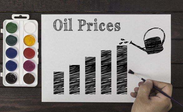 Business price concept. Hand with a brush painting diagram with watering can symbolizing growth of Oil Prices.