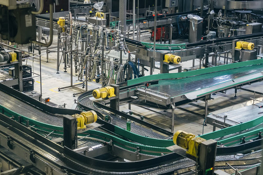 Aerial view to conveyor belts of production line