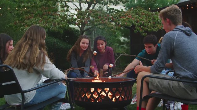 Teenage friends talk round a firepit, toasting marshmallows